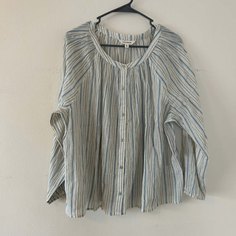 Lucky Brand Cotton Cream Striped Crinkle Gauze Button Down Top XL - Picture 9 of 10